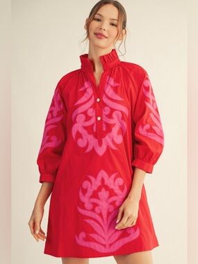 Red pink embroidered baroque pearl floral boho swing western midi maxi dress